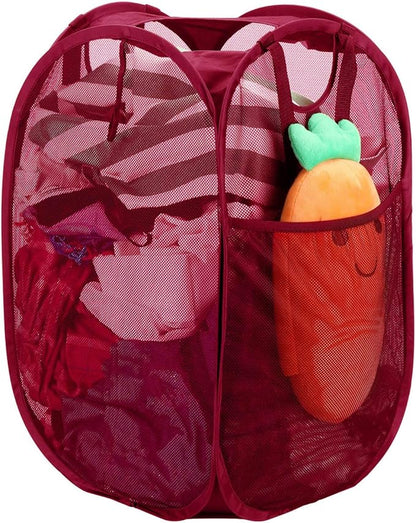 Strong Mesh Pop-up Laundry Hamper, Quality Laundry Basket with Durable Handles Solid Bottom High Carbon Steel Frame, Easy to Open and Fold Flat for Storage (Red)
