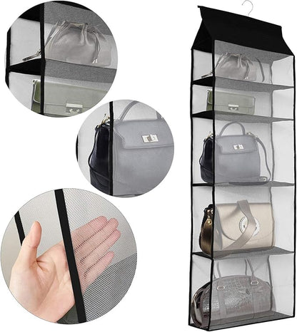 Improved Closet Handbag Purse Holder with 5 Large Heavy-Duty Mesh Shelves, Space Saving Hanging Handbag Storage Tote Bag Organizer Holder for Wardrobe Closet(Black)