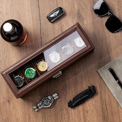 ProCase Watch Box, 6 Slot Watches Display Case with Drawer, Mens Watch Case with Glass Lid, 2-Layer Mens Jewelry Organizer Storage Holder, Birthday Valentine Gifts for Men -6 Slot, Espresso