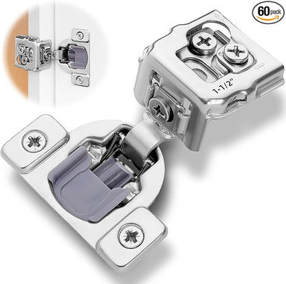 Decobasics 60 Pack Soft Close Cabinet Hinges 1-1/2" Overlay for Kitchen Cabinet Doors, Slow Self-Closing Concealed Hidden Hinges for Face Frame –Stainless Steel, 3-Way Adjustable & Quiet Close Damper