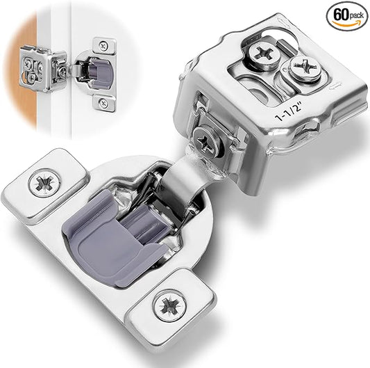 Decobasics 60 Pack Soft Close Cabinet Hinges 1-1/2" Overlay for Kitchen Cabinet Doors, Slow Self-Closing Concealed Hidden Hinges for Face Frame –Stainless Steel, 3-Way Adjustable & Quiet Close Damper