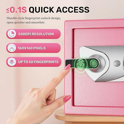 BlackSmith Home Biometric Safe 1.0 Cub Quick Access Fingerprint Lock Box With Keys Keypad Wall Mount Cabinet Safe Secure Money Jewelry with Fireproof Bag Mute Mode LED Light, Pink