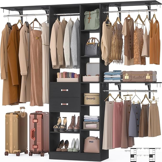 Upgraded 96 Closet System with 18 Storage Place, 8FT Closet Organizers System with 13 Shelves and 2 Wooden Drawers, 96'' Walk-in Closet with 4 Hanging Rods, Adjustable Garment Rack, Black