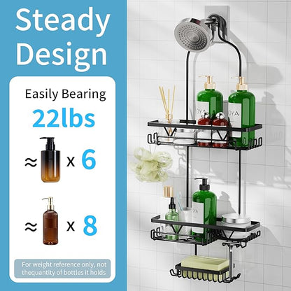 Shower Caddy Hanging, Anti-Swing Over Head Shower Caddy, Rustproof Bathroom Organizer with Soap Holder & Hooks