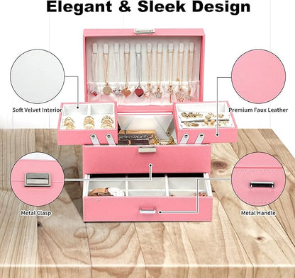 Dajasan Jewelry Organizer Box, Large Jewelry Boxes for Women Girls, Compact 3 Layers Jewelry Storage Case with Drawer, Gift Idea, Movable Metal Stand, Modern (Pink)