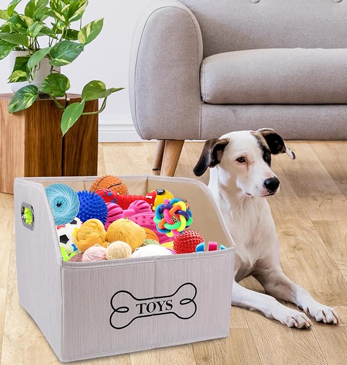 Geyecete Dog Toys Storage Bin With Wooden Handle - Decorative Rectangular Soft Felt Organizer Basket for Pet Supplies - Beige