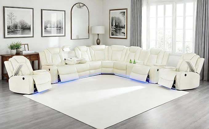 Power Recliner Sectional Sofa for Living Room, Power Recliner Sectional Sofa, Breathing Leather Reclining Sectional Couch with LED/Storage Console/Cupholder for Office/Home,Sectional+ 2 Chairs