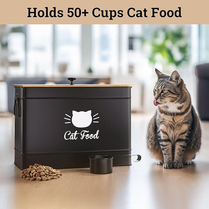 Cat Food Storage Container with Scoop - 15 lb (50 Cup) Capacity Metal Cat Food Container with Airtight Bamboo Lid & Metal Scoop - Airtight Pet Food Storage Containers - 15 lb Treats & Kibble Container