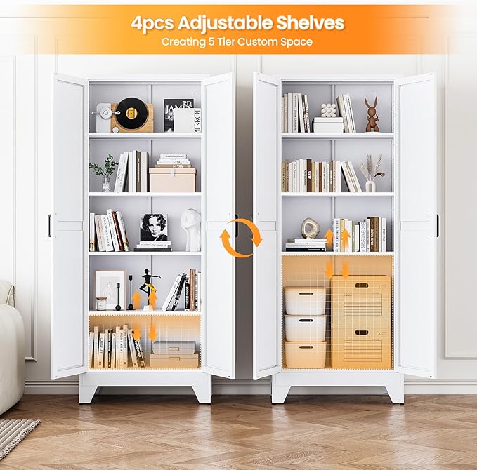 Metal White Storage Cabinet with 2 Doors and 4 Adjustable Shelves,72" Tall Kitchen Pantry cabinets,Farmhouse Food Pantry Cabinet,5 Tier Freestanding Barn Door Cupboard for Kitchen Dining/Living Room