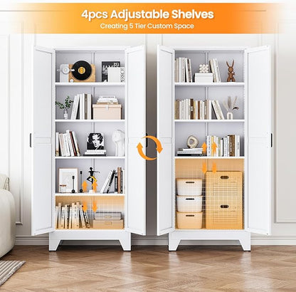 Metal White Storage Cabinet with 2 Doors and 4 Adjustable Shelves,72" Tall Kitchen Pantry cabinets,Farmhouse Food Pantry Cabinet,5 Tier Freestanding Barn Door Cupboard for Kitchen Dining/Living Room