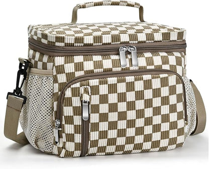 Insulated Lunch Bag for Men & Women, 9L Leakproof Lunch Box Soft Cooler Tote with 5 Pockets, 600D Oxford, EVA Lining, Adjustable Strap for Work, Picnic, Beach&Travel-Corduroy Khaki Checkered
