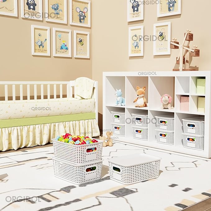 Plastic Storage Basket with Lids 10 Pack Stackable Storage Bins Containers with Lid, Decorative Storage Boxes for Organizing Shelves, Drawers, Playroom, Classroom, Office, Closet, White