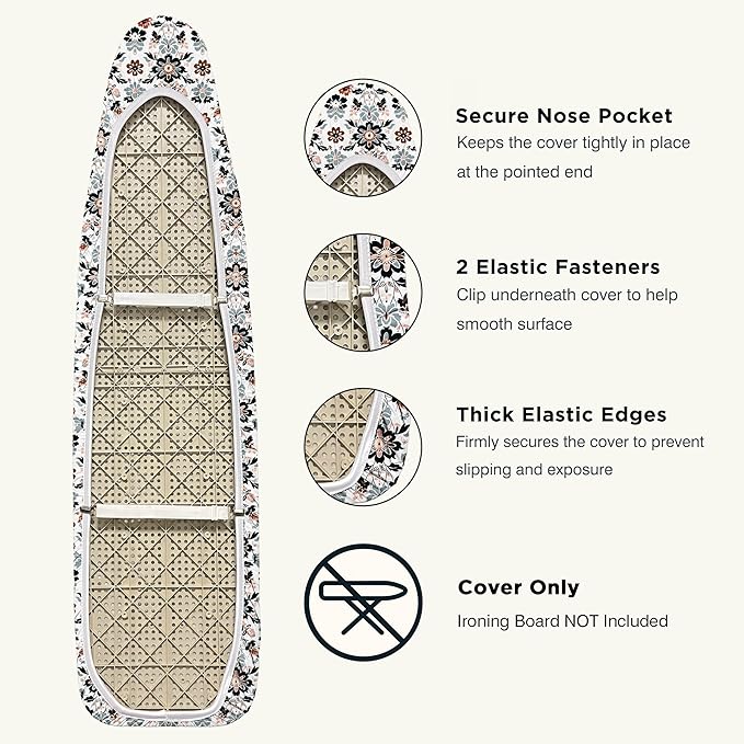 Ironing Board Cover and Pad 15"x54" Extra Thick Natural Cotton, Scorch and Stain Resistant Padding, Standard Size Iron Board Cover with Fasteners Heavy Duty Elastic Edge, Heatproof Floral