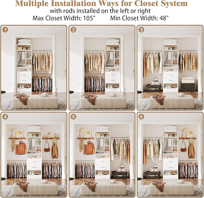 COTUBLR Closet System, 48" W - 105” W Closet Organizer with 24” Tower and 2 Extendable Hanging Rods, Walk-in Wardrobe Garment Rack with 2 Wooden Drawers and 6 Shelves, Fit up to 600 LBS (White)