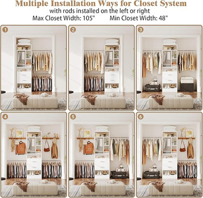 COTUBLR Closet System, 48" W - 105” W Closet Organizer with 24” Tower and 2 Extendable Hanging Rods, Walk-in Wardrobe Garment Rack with 2 Wooden Drawers and 6 Shelves, Fit up to 600 LBS (White)