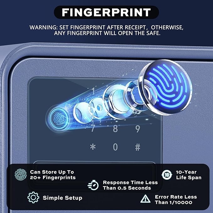 Biometric Safe for Home, 0.6 Cube Feet Auto-Open Fingerprint Safe with Touch Screen, Alarm System & Removable Shelf, Small Money Box for Cash, Jewelry, Documents, Home Office Use,Blue