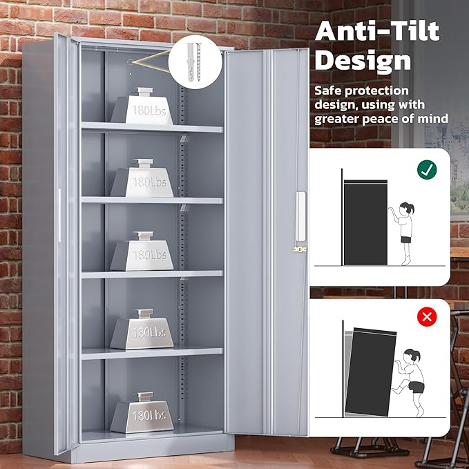 Greenvelly Metal Lockable Storage Cabinet, 72” Storage Cabinet with 2 Doors and 4 Adjustable Shelves for Office, Home, Garage, Pantry (Assembly Required, Dark Grey)