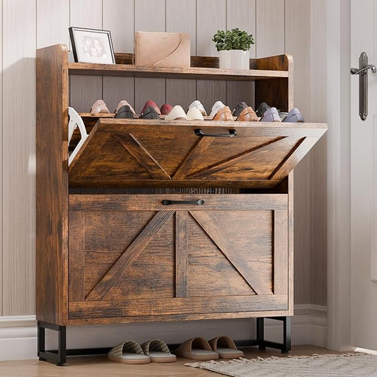 Betterhood Entryway Shoe Cabinet with 2 Flip Drawers, Farmhouse Slim Shoe Rack, Freestanding Hidden Shoe Organizer with Metal Legs, Shoe Cabniet for Entryway with Storage, Hallway, Foyer, Brown