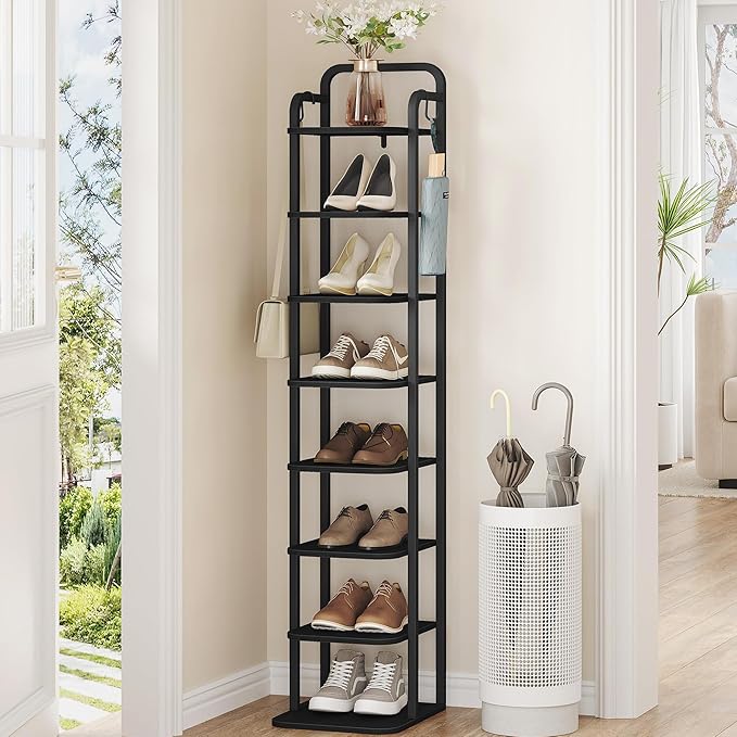 8 Tiers Vertical Shoe Rack, Narrow Shoe Tower, Tall Shoes Shelf with 2 Hooks, Adjustable Shelves, Corner Shoes Shelves for Small Spaces, Entryway, Living Room, Black SR04304B