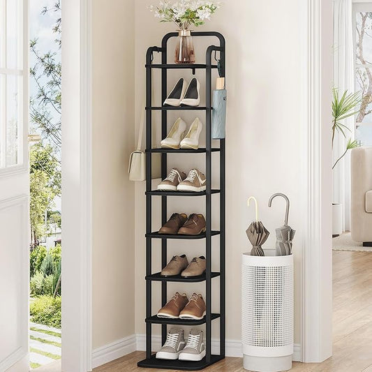 8 Tiers Vertical Shoe Rack, Narrow Shoe Tower, Tall Shoes Shelf with 2 Hooks, Adjustable Shelves, Corner Shoes Shelves for Small Spaces, Entryway, Living Room, Black SR04304B