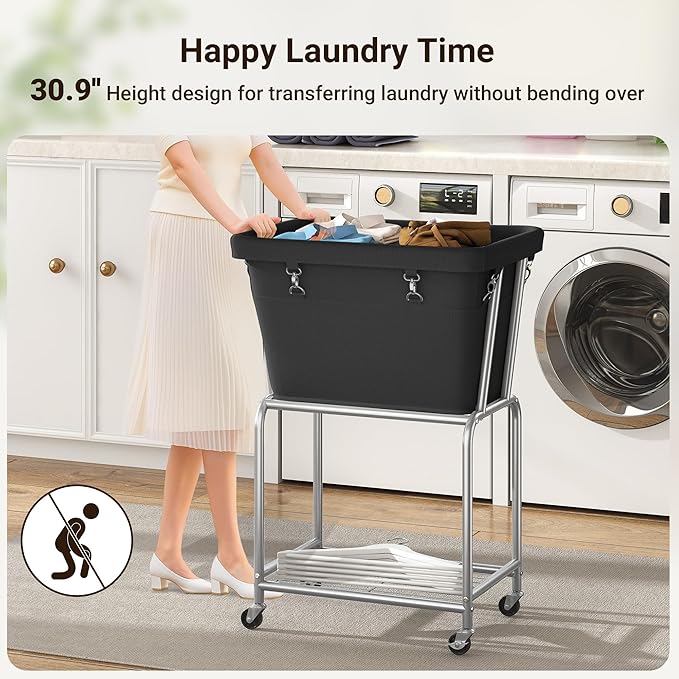 ELYKEN Rolling Laundry Hamper with Wheels, Laundry Cart with Removable Bag, Heavy Duty Metal Frame, 2-Tier Clothes Basket Hamper with Shelf for Closet, Bedroom, Bathroom, Laundry Room, Black