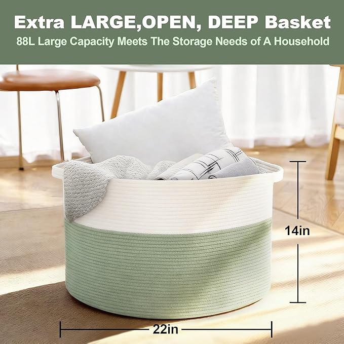 Extra Large Blanket Basket, 22" X 22" X 14" Kids Dog Toy Storage Bin Box, Nursery Baby Toddler Toy Organizer, Soft Cotton Rope Woven Bin, Large Basket for Blankets for Living Room, Green