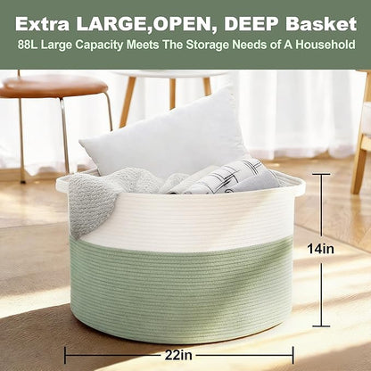 Extra Large Blanket Basket, 22" X 22" X 14" Kids Dog Toy Storage Bin Box, Nursery Baby Toddler Toy Organizer, Soft Cotton Rope Woven Bin, Large Basket for Blankets for Living Room, Green