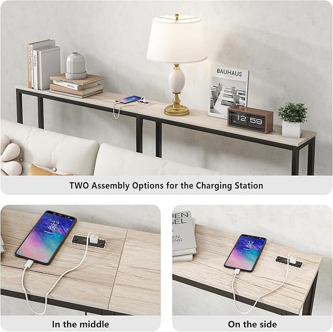 BOFENG 71.5 Inch Thin Console Table with Power Outlets,Narrow Sofa Table with Charging Station,Long Side Table Behind Sofa Couch Table for Entryway,Hallway,Living Room,Foyer,Natural Oak