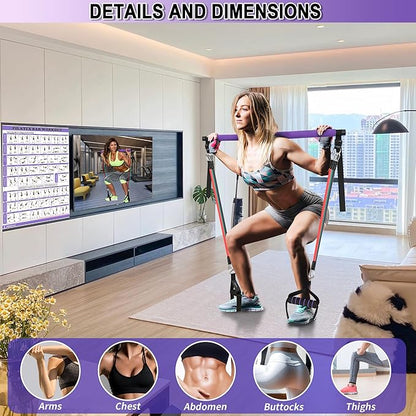 Portable Pilates Bar Kit with Resistance Bands for Men and Women - 3 Set Exercise Resistance Bands - Multifunctional Home Gym - Supports Full-Body Workouts – with Fitness Poster and Video
