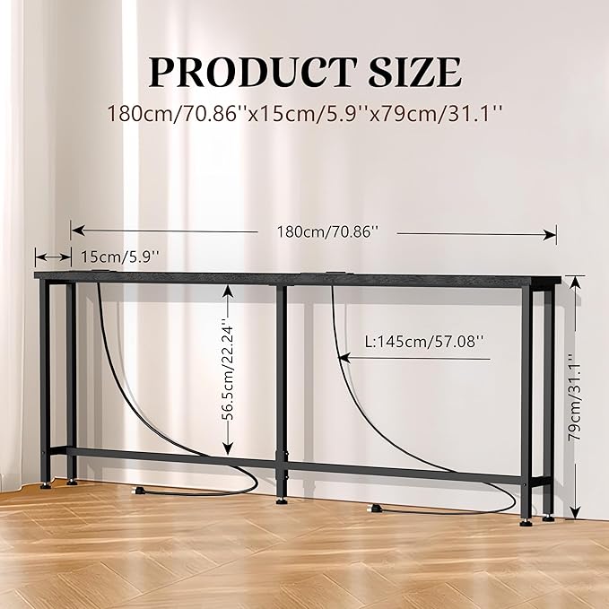 70" Narrow Console Sofa Table - 2 Power Outlets & 4 USB Ports, Metal Frame, Black, Perfect for Hallway, Office, and Behind Sofa - Easy Assembly, 4.9' Extension Cord Included