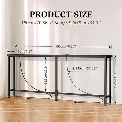 70" Narrow Console Sofa Table - 2 Power Outlets & 4 USB Ports, Metal Frame, Black, Perfect for Hallway, Office, and Behind Sofa - Easy Assembly, 4.9' Extension Cord Included