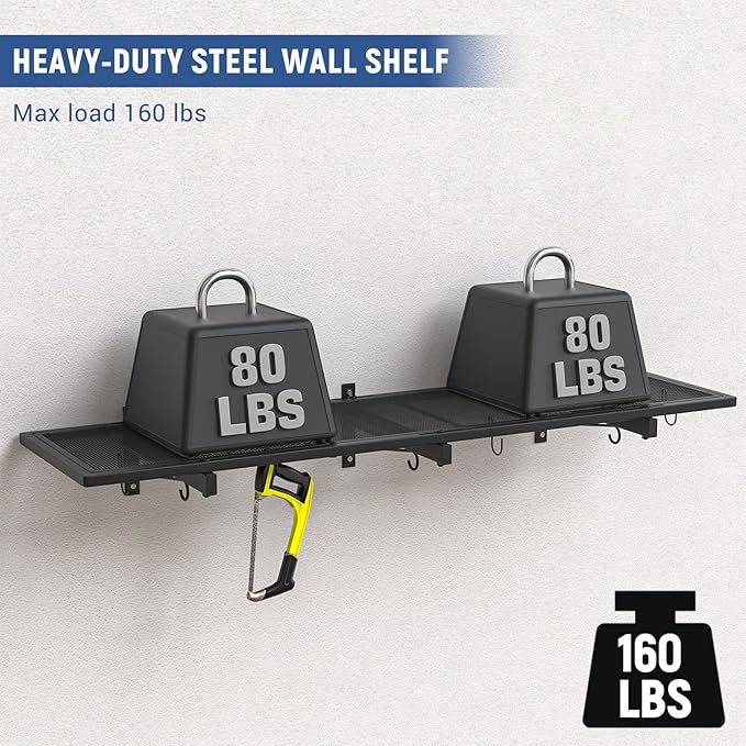 Garage Wall Shelf, Heavy Duty Garage Shelving, 46"X 12.5" Wall Mounted Shelves, Metal Floating Storage Rack with 4 Hooks, Utility Organizer Max Load 160 LBS for Laundry Room, Basement, Workshop