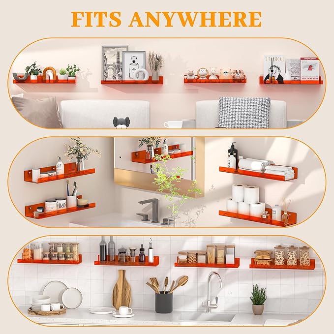 6 Pack Floating Shelves –15'' Orange Acrylic/PET Wall-Mounted No Drill Storage with Adhesive, Bathroom & Bedroom Shelving for Kitchen, Living Room, Home Decor