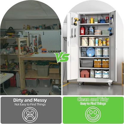 71" H Garage Storage Cabinet with Wheel, Metal Storage Cabinet with Doors,5 Adjustable Shelves and Pegboard for Garage Home Office,Required Assembly,White,71" H×32" W×16" D