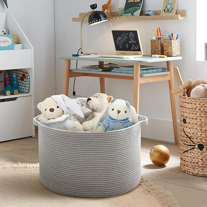 Extra Large Grey Storage Basket, 22" X 22" X 14" XXXL Blanket Basket for Living Room, Gray Wicker Woven Cotton Rope Baskets for Storage, Kids Toy Baskets Bins, Decorative Pillow Towel Basket