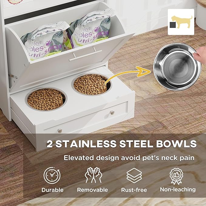 PawHut Dog Feeding Station with Raised Bowls & Storage Cabinet, Pet Feeder Cabinet Container with Hanger for Feeding & Watering Supplies, Dog Food Organizer, White