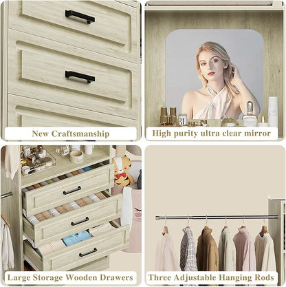 Unikito 48" W - 96” W Closet System with Mirror, 8FT Walk in Closet Organizer Kits with Drawers and 3 Extendable Hanging Rod, Sturdy Wood Garment Rack with 25” Tower, Max Load 1000 LBS, White Oak