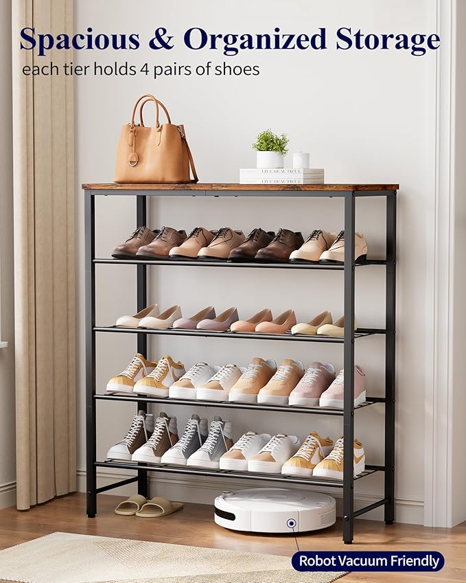 Kitsure Shoe Rack for Closet, Rustic Brown Shoe Organizer with Leveling Feet, Sturdy & Rust-Proof Shoe Storage for Entryway, Bedroom, Living Room, 29.5" x 11.4" x 31.2", Brown