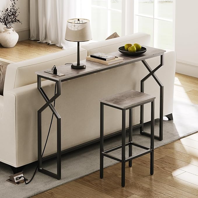 Console Sofa Table, 44.9" Entryway Table with Charging Station, Narrow Couch Table, Hallway Table, Sofa Table with USB Ports, Metal Frame, for Entrance, Living Room, Greige CTHG113E01