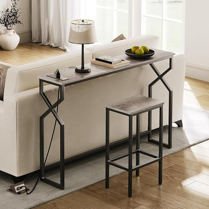Console Sofa Table, 44.9" Entryway Table with Charging Station, Narrow Couch Table, Hallway Table, Sofa Table with USB Ports, Metal Frame, for Entrance, Living Room, Greige CTHG113E01