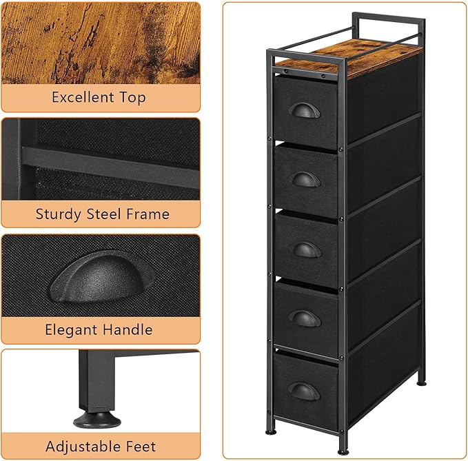 HAITRAL 5 Drawers Narrow Dresser, Fabric Drawer Storage Cabinet, Vertical Standing Storage Chest, Gaps Organizer with Removable Drawers and Wooden top for Laundry, Living Room, Entryway (Black)