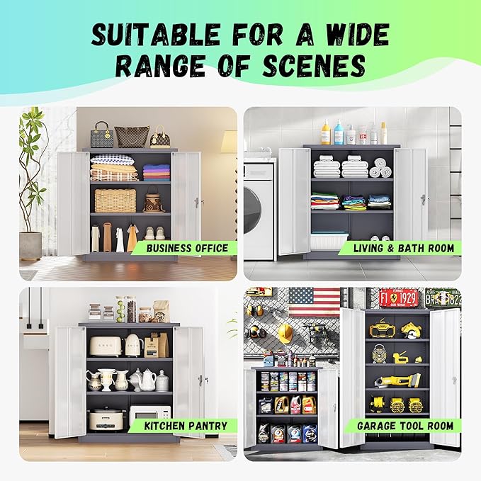 Bonusall Metal Garage Storage Cabinet, 36" H Locking Cabinets with 2 Adjustable Shelves, 2 Door Small Pantry Storage for Home Office, Kitchen, Bathroom (White Grey)