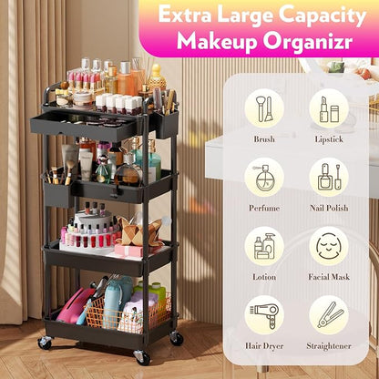 Makeup Cart Organizer with Drawers, 4 Tier Floor Skincare Organizers for Vanity, Rolling Makeup Bathroom Storage Cart Cosmetics Display Cases for Skin Care Perfume Nail Polish, Black