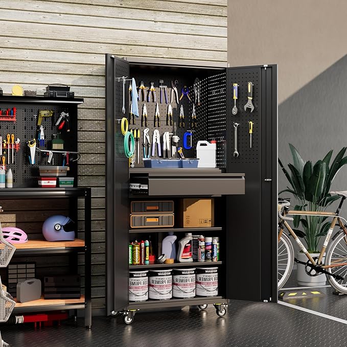 71"H Garage Storage Cabinet with Wheels, Drawer, Pegboard and 16 Hooks, Metal Storage Cabinet with Locking Doors and 2 Adjustable Shelves for Garage, Warehouse, Home, Black, Assembly Required