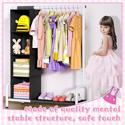 Univivi Kids Dress Up Rack with Hanging Organizer, Kids Wardrobe Closet for Hanging Clothes, Short Toddler Dress Up Storage Rack for Baby Clothes, Dance Costumes, Black/White