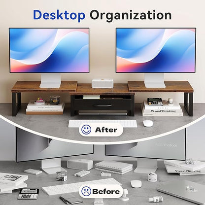 Desk Organizers and Accessories, Dual Monitor Stand Riser with Drawer, Computer Monitor Stand, Adjustable Desk Shelf for PC Laptop Printer TV, Brown