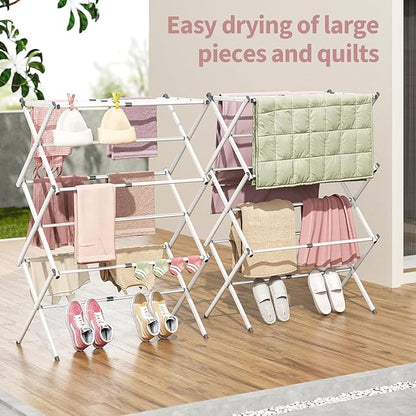 APEXCHASER Clothes Drying Rack Folding - 3 Tier Laundry Drying Rack for Clothes, Expandable Metal Clothing Dryer, Collapsible Towel Rack, Air Drying Rack, White