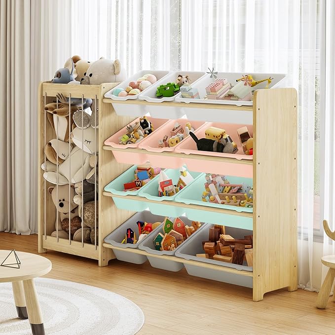 Kids Toy Storage Organizer, 2-in-1 Stuffed Animal Storage & Toy Organizer w/12 Bins, Solid Wood Toy Rack Featuring Thicker Elastic Ropes to Hold Toys, Playroom Nursery Bedroom Storage, Multi