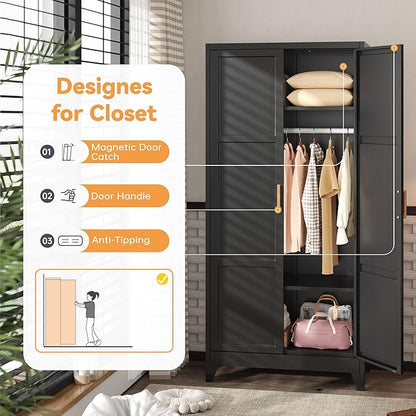 INTERGREAT Metal Armoire Wardrobe Closet, Storage Cabinet with Hanging Rod, 71" H Wardrobe Closet with Doors, Metal Storage Cabinets for Bedroom/Office/Garage (Black)