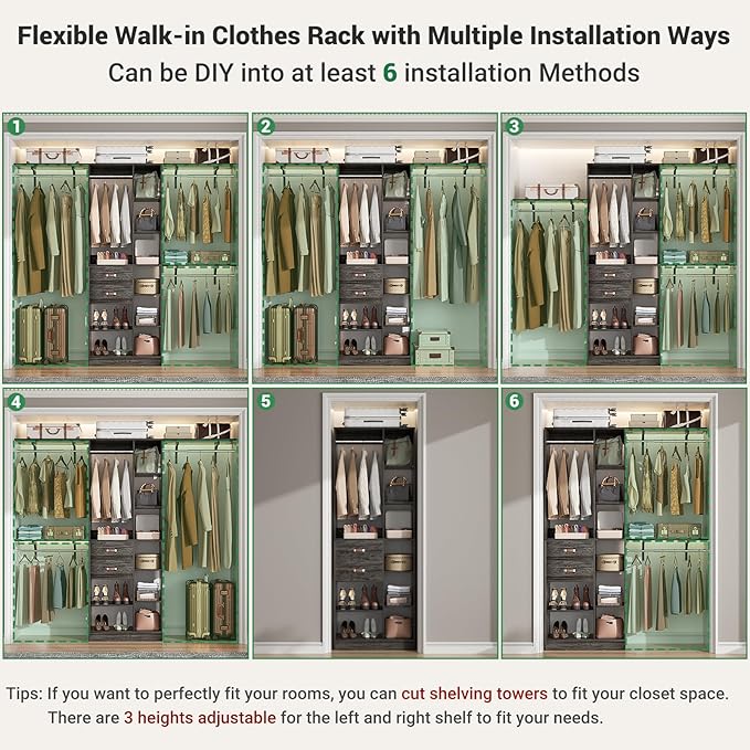 Upgraded 96 Closet System with 18 Storage Place, 8FT Closet Organizers System with 13 Shelves and 2 Wooden Drawers, 96'' Walk-in Closet with 4 Hanging Rods, Adjustable Garment Rack, Oak